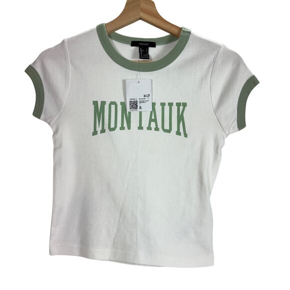 Forever 21 Montauk Ringer T-Shirt Crop Top White Green Short Sleeve Womens S - Picture 7 of 10